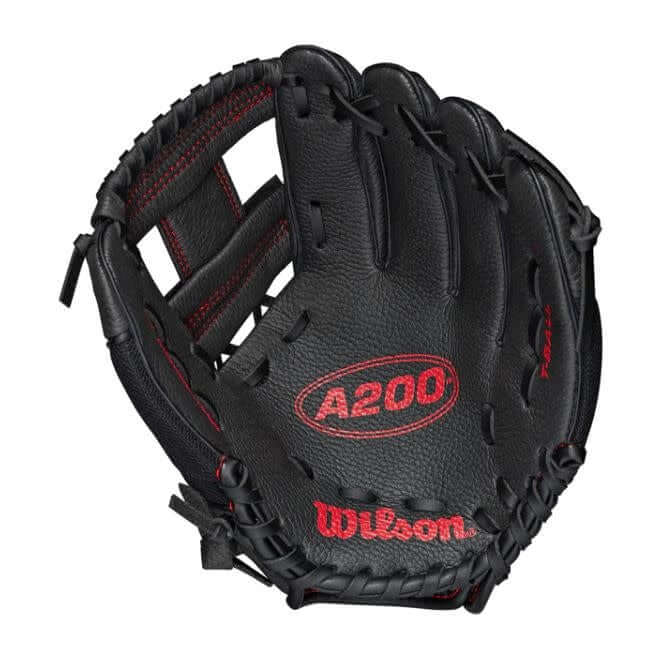Wilson A200 10BR youth baseball glove, black and red, with smaller hand opening for improved fit.