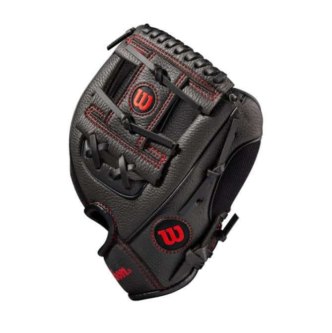 Wilson A200 10BR youth baseball glove, black and red, with smaller hand opening for improved fit.