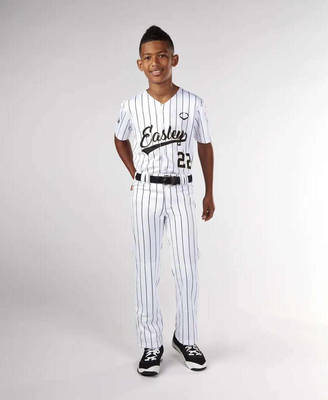 Evoshield Youth Salute White Pant with Black Pinstripe, athletic fit, 100% polyester, double knees