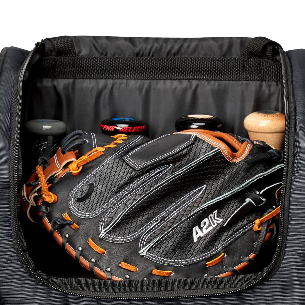 Evoshield Standout Wheeled Bag with large main compartment and four padded bat sleeves