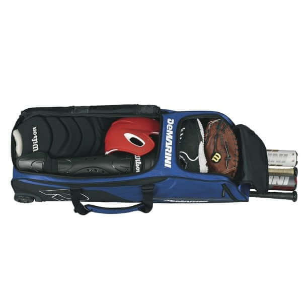 Wilson Demarini Momentum Wheeled Bag Royal with rugged wheels and large main compartment for helmet, glove, and gear.