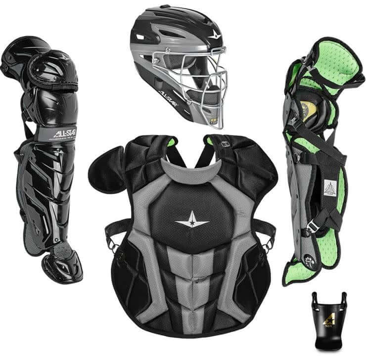 All-Star S7 AXIS Catching Kit for ages 9-12, elite-level, includes helmet, chest protector, and LINQ™ hinge leg guards.