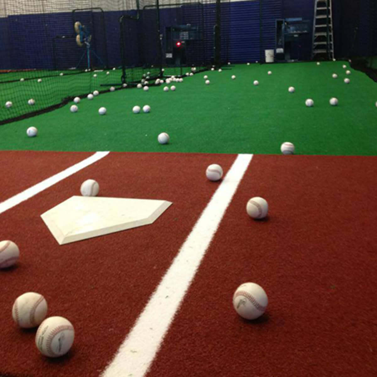 Clay batting mat with white lines and foam backing, 12' x 6', includes throw-down home plate