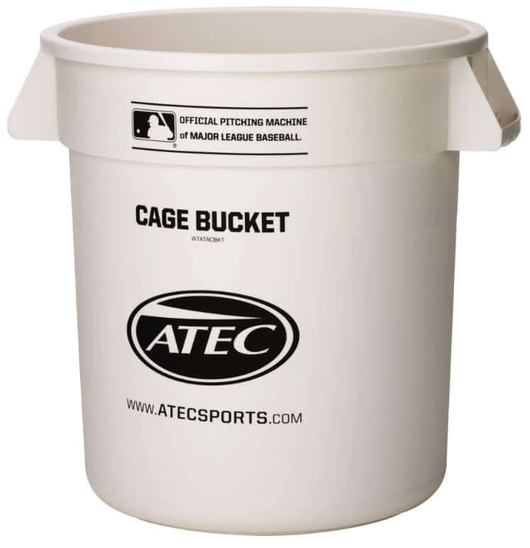 White ATEC Cage Ball Bucket with built-in handles, holds 8 dozen baseballs or 3 dozen softballs.
