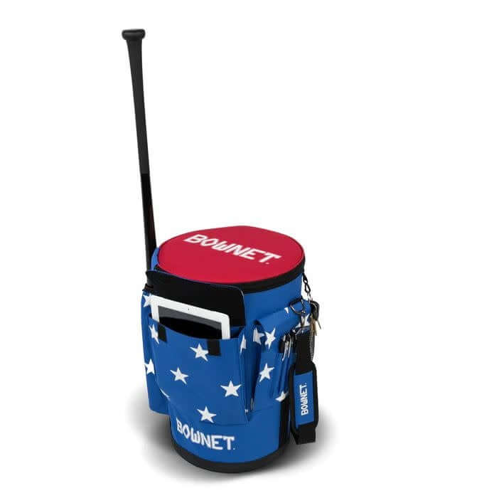 Bownet Bucket Bag USA Softball Edition with padded shoulder strap and multiple pockets