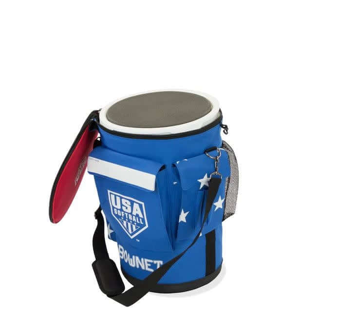 Bownet Bucket Bag USA Softball Edition with padded shoulder strap and multiple pockets