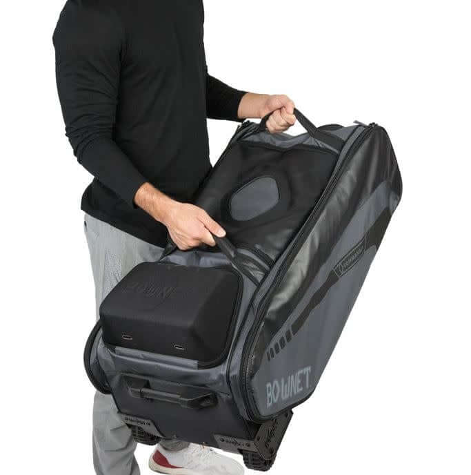 Bownet Cadet Bag, perfect for U14 catchers and versatile athletes, shown in black with multiple compartments.