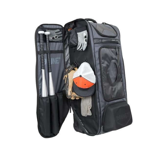 Bownet Cadet Bag, perfect for U14 catchers and versatile athletes, shown in black with multiple compartments.