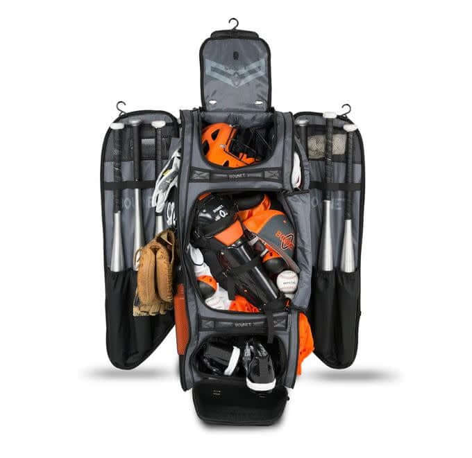 Bownet Cadet Bag, perfect for U14 catchers and versatile athletes, shown in black with multiple compartments.