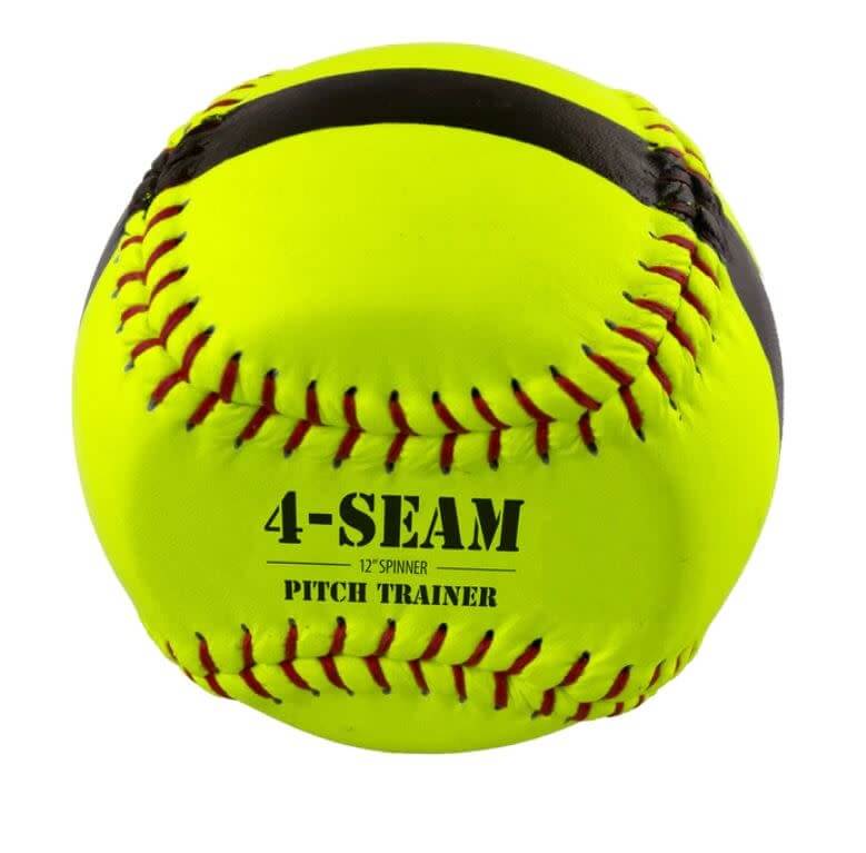 Bownet Fastpitch 4 Seam Spin training softball with raised seams and black centerline for spin correction.