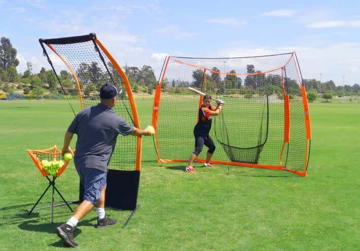 Bownet Flat Top protection net with adjustable heights for front toss practice.