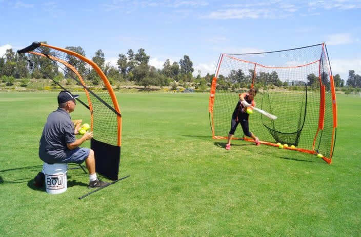 Bownet Flat Top protection net with adjustable heights for front toss practice.