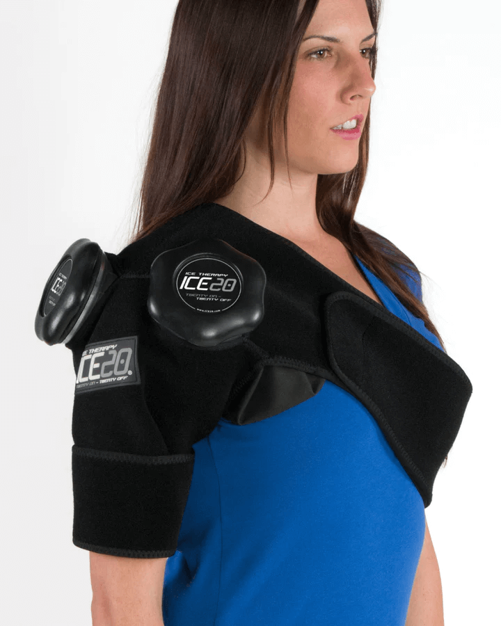 Bownet ICE20 Double Shoulder neoprene compression wrap with adjustable Velcro straps.