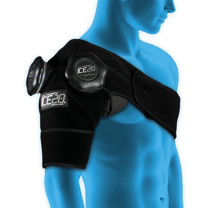 Bownet ICE20 Double Shoulder neoprene compression wrap with adjustable Velcro straps.