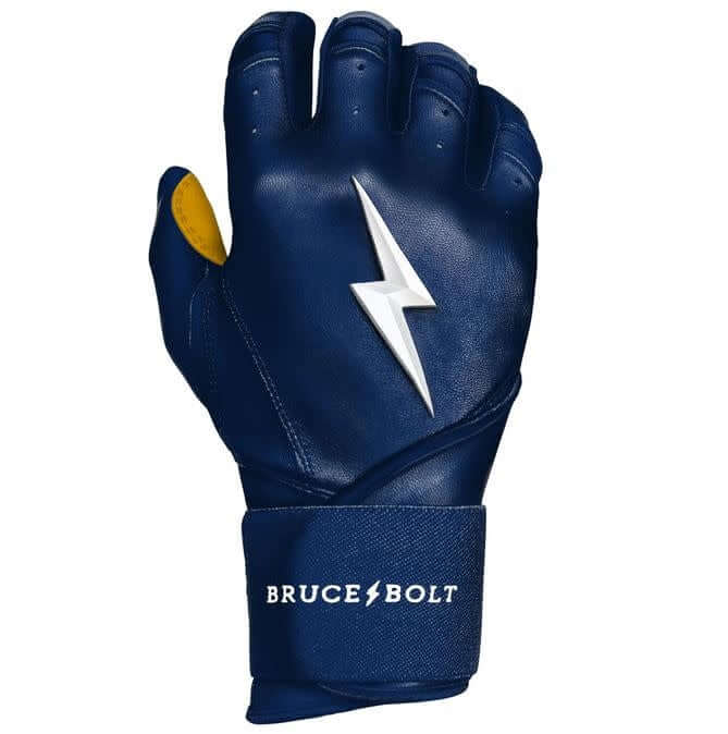 Bruce Bolt Premium Long Cuff Navy batting gloves with double reinforced light gold palm