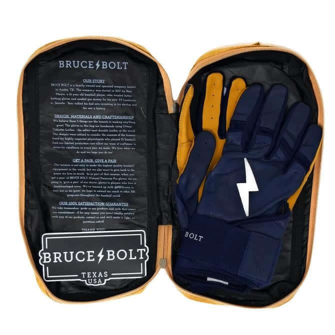 Bruce Bolt Premium Long Cuff Navy batting gloves with double reinforced light gold palm