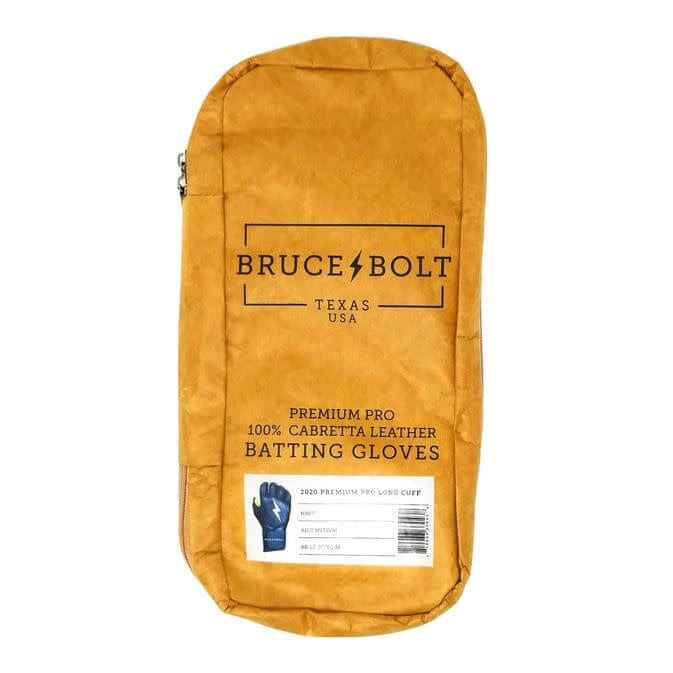 Bruce Bolt Premium Long Cuff Navy batting gloves with double reinforced light gold palm