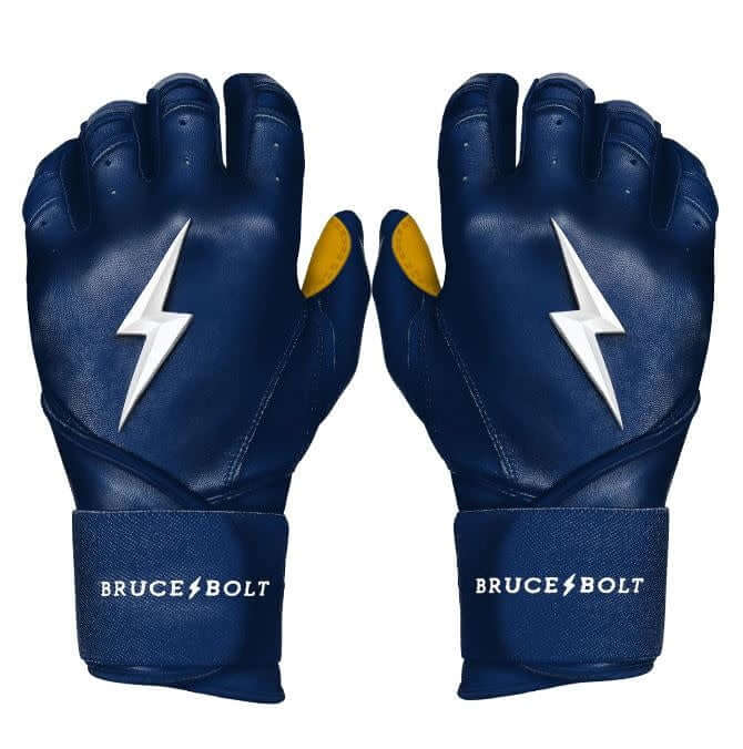 Bruce Bolt Premium Long Cuff Navy batting gloves with double reinforced light gold palm