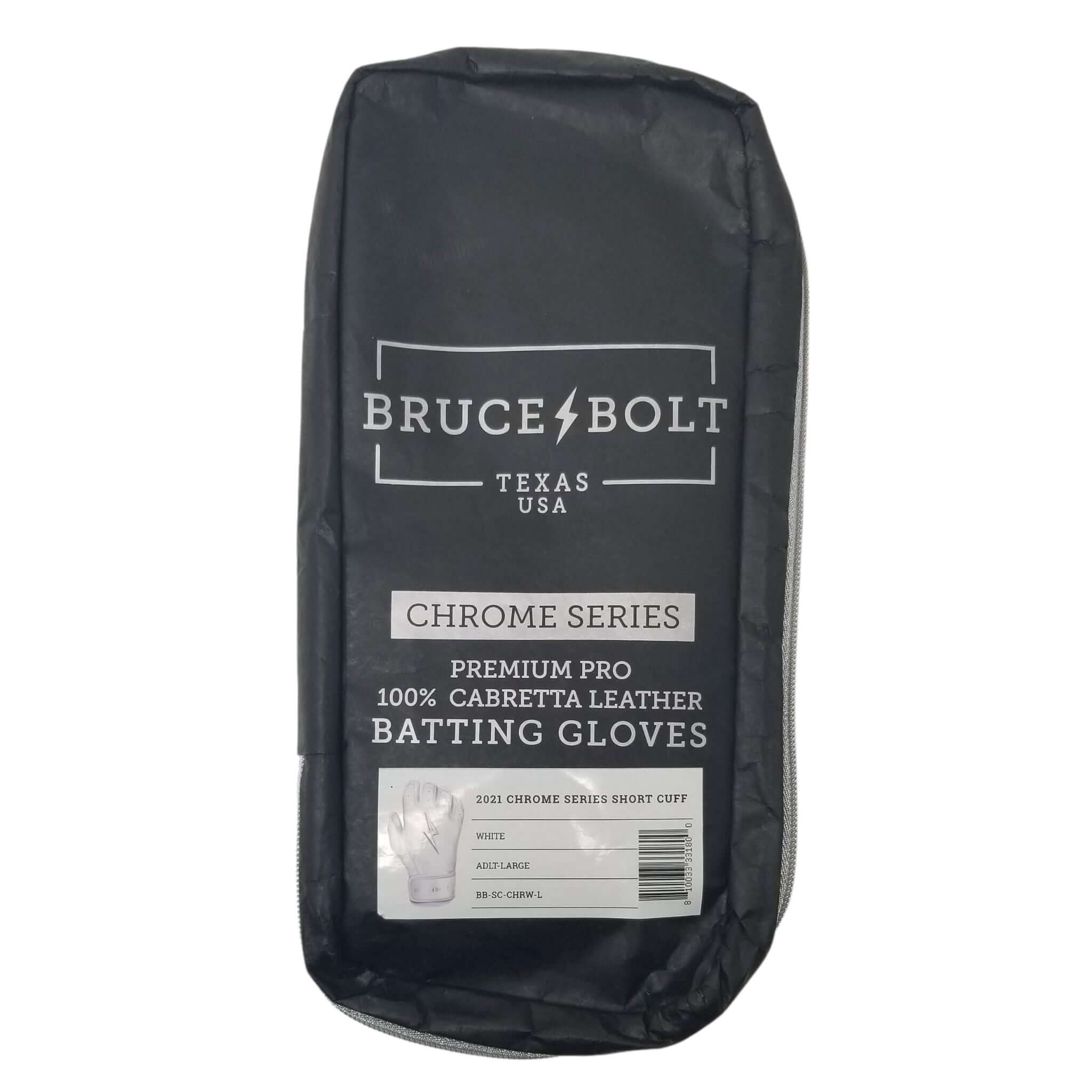 White Bruce Bolt Youth Premium Pro Chrome Short Cuff Batting Gloves.