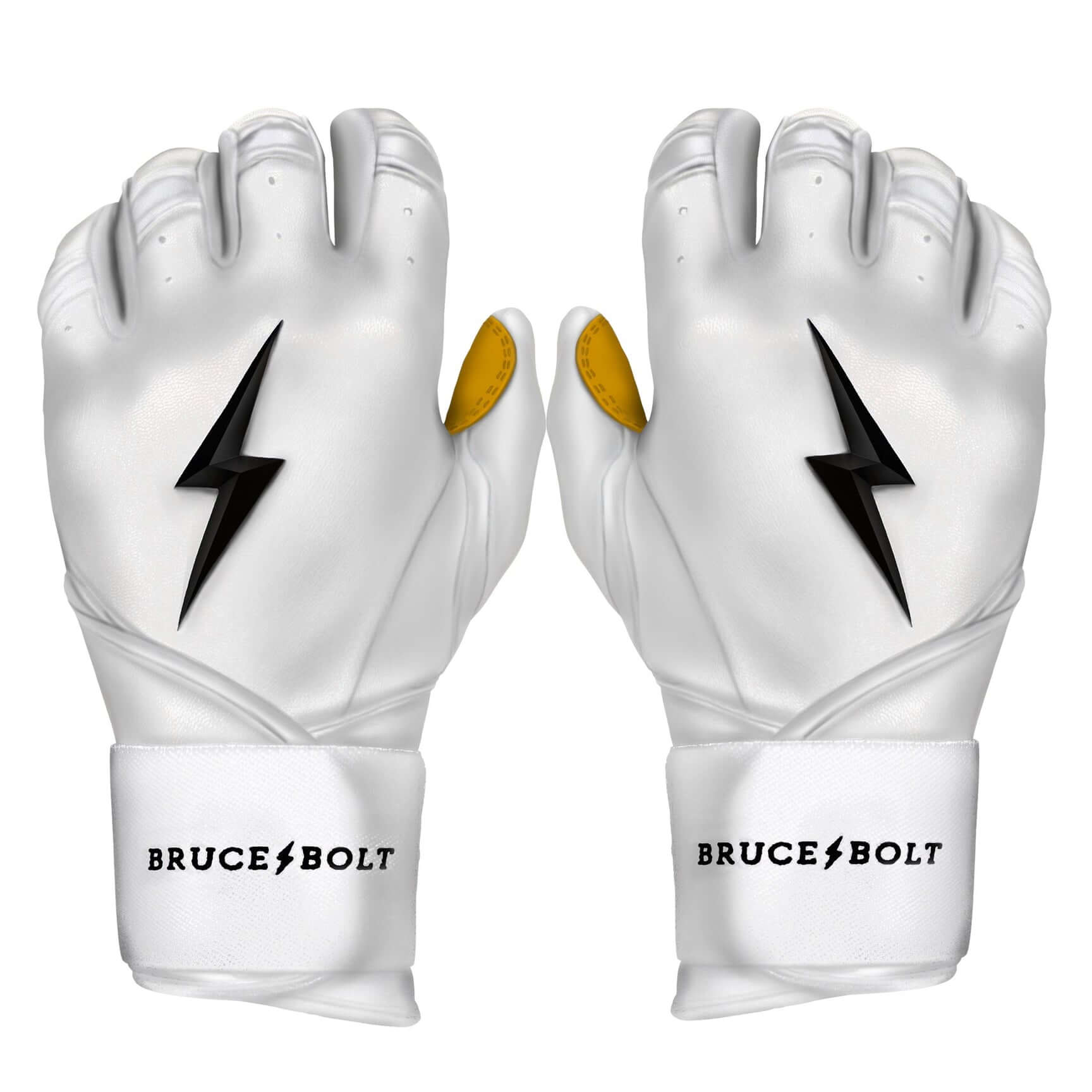 Bruce Bolt Youth Premium Pro Long Cuff Batting Gloves White, made with 0.9mm Cabretta leather for superior durability.