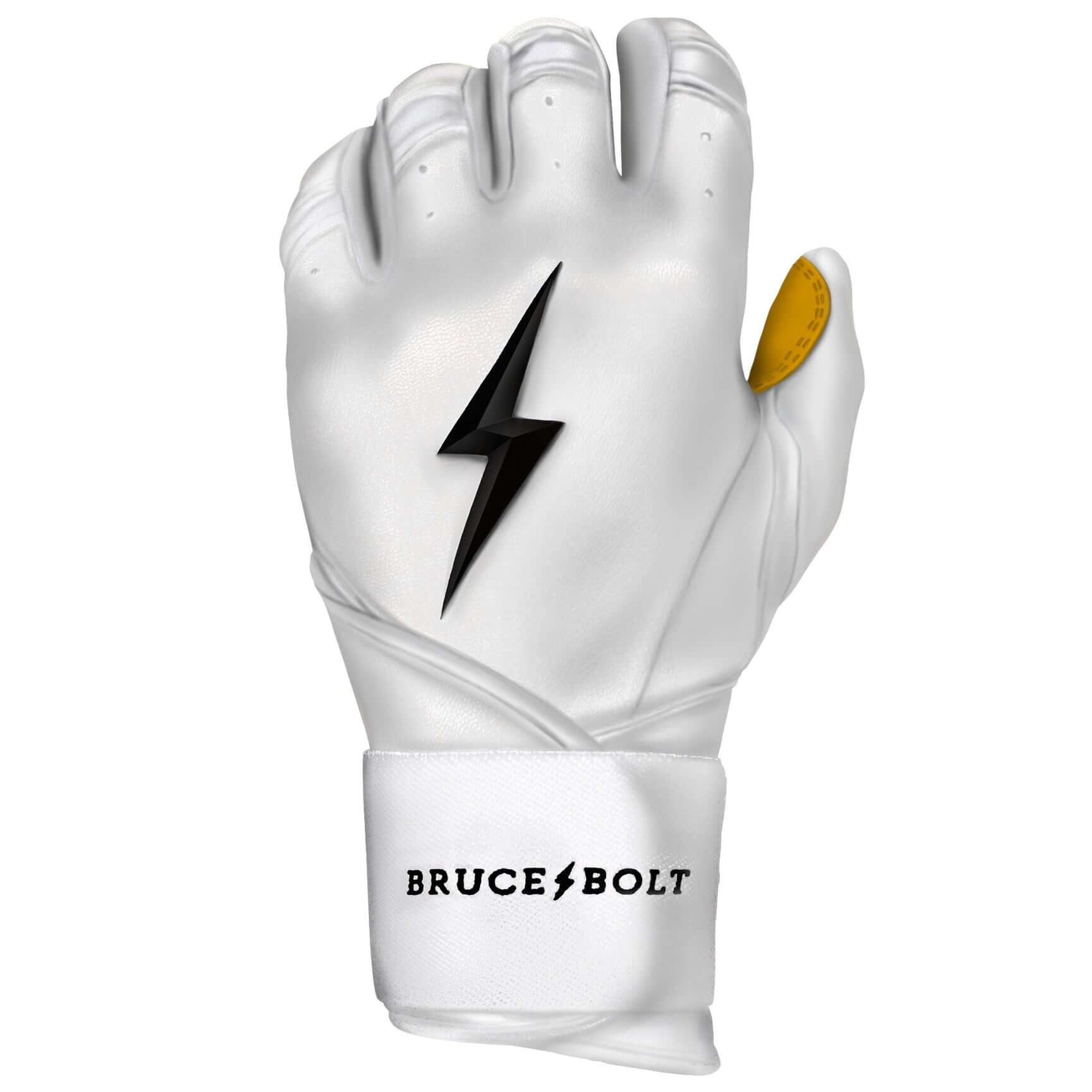 Bruce Bolt Youth Premium Pro Long Cuff Batting Gloves White, made with 0.9mm Cabretta leather for superior durability.