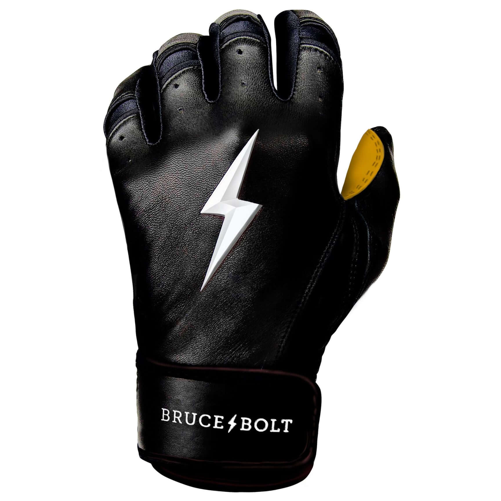 Youth batting gloves in black, made from 0.9mm Cabretta leather, with double reinforced palm and wider cuff.