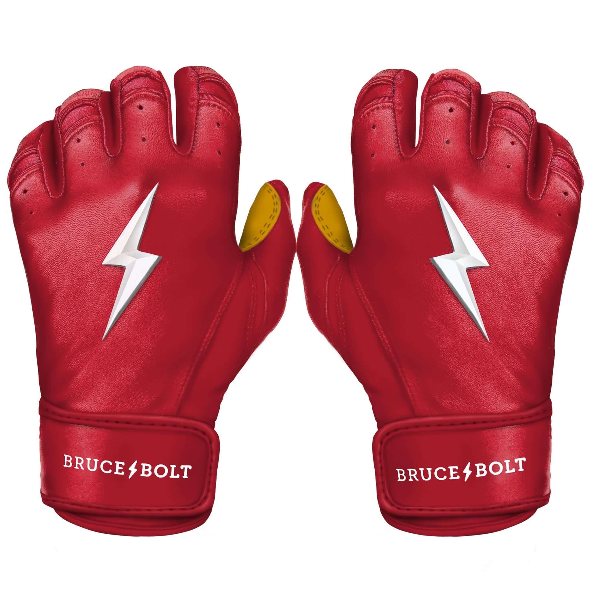 Bruce Bolt Premium Short Cuff Red/Gold Batting Gloves, made with 0.9mm Cabretta leather for durability and softness