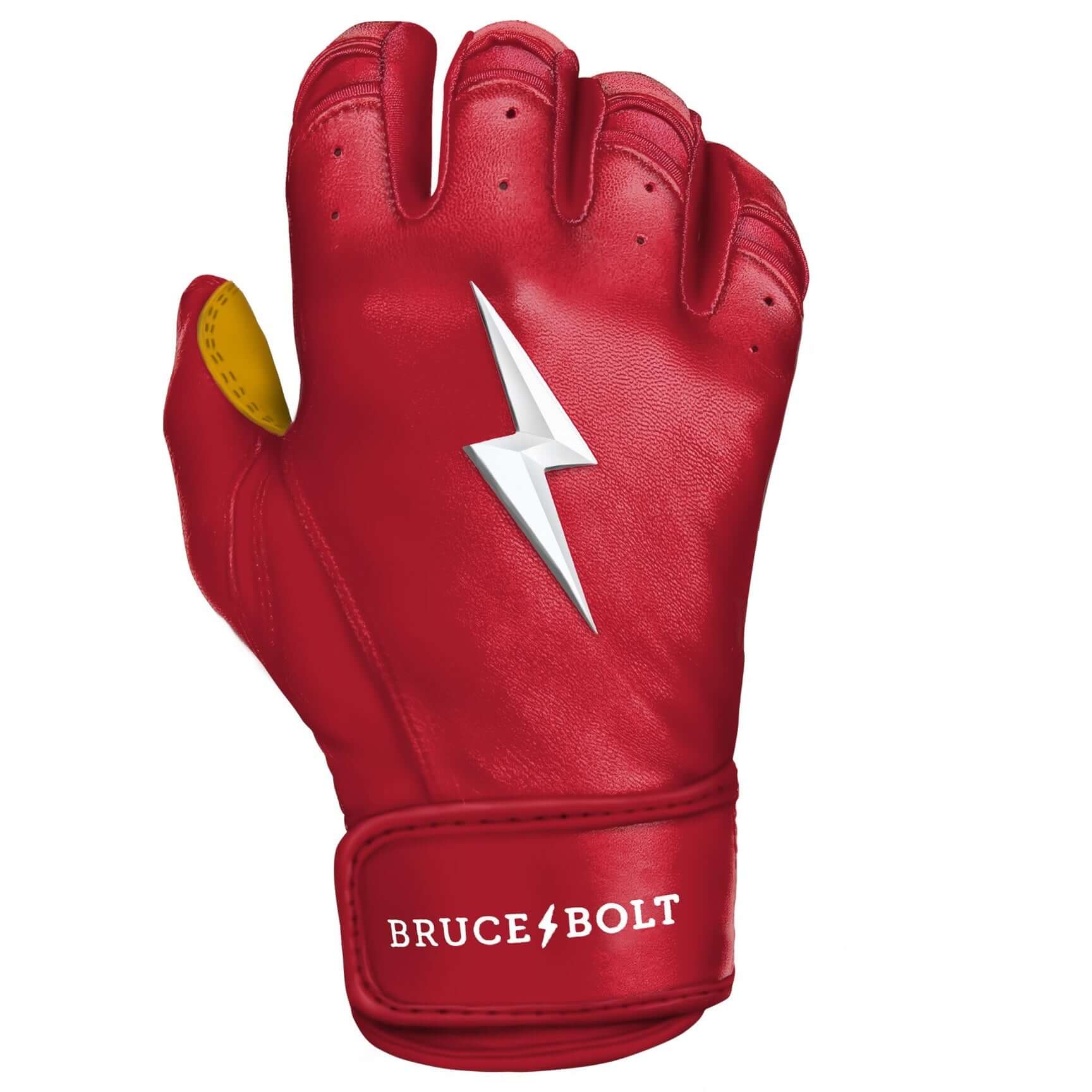 Bruce Bolt Premium Short Cuff Red/Gold Batting Gloves, made with 0.9mm Cabretta leather for durability and softness