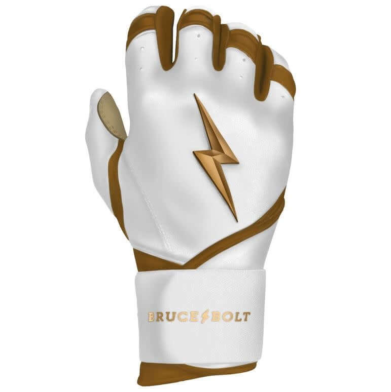 Bruce Bolt Premium Pro Gold Series White Long Cuff batting gloves with double reinforced palm