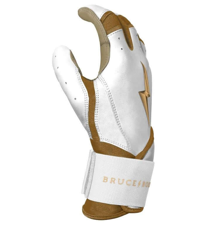 Bruce Bolt Premium Pro Gold Series White Long Cuff batting gloves with double reinforced palm