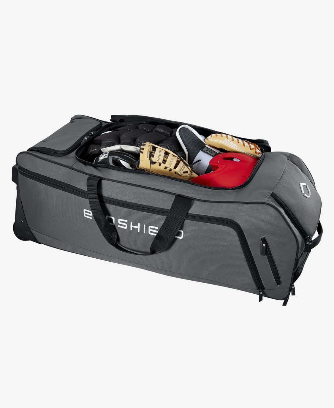 Evoshield Stonewall Wheeled Bag Main compartment fits full catcher's gear and batting helmet.