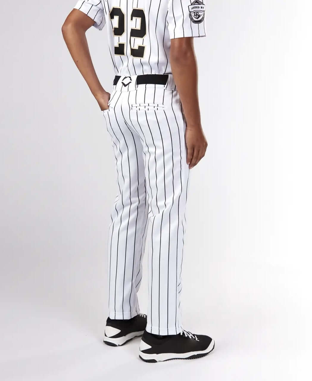 Evoshield Youth Salute White Pant with Black Pinstripe, athletic fit, 100% polyester, double knees