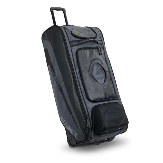 Bownet Commander Bag for catchers with 14 compartments and molded semi-hard case for helmet and spikes.