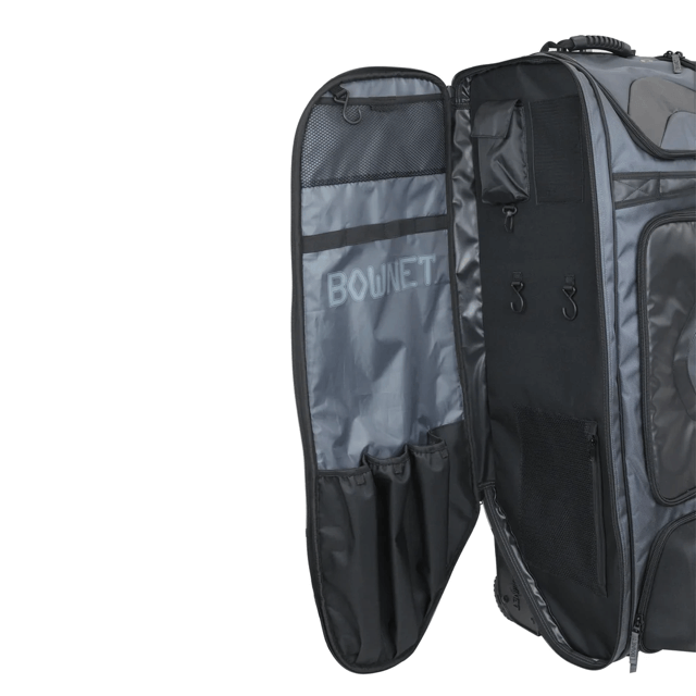 Bownet Commander Bag for catchers with 14 compartments and molded semi-hard case for helmet and spikes.