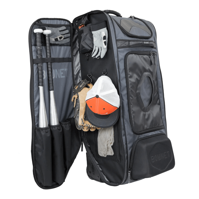 Bownet Commander Bag for catchers with 14 compartments and molded semi-hard case for helmet and spikes.