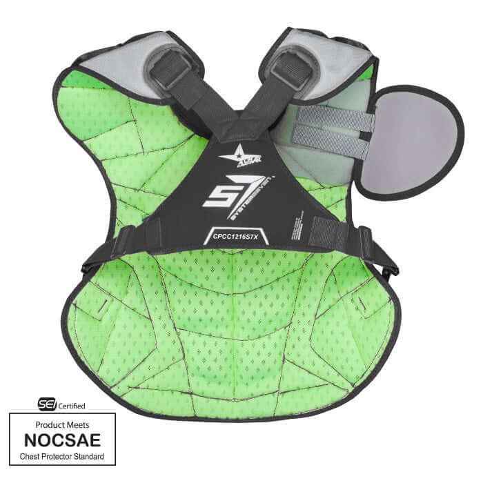 All-Star S7 Axis Chest Protector for elite baseball catchers, ages 12-16, meets NOCSAE standards.