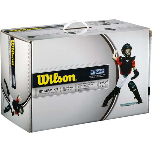 Wilson EZ Gear Kit L/XL Scarlet with helmet, chest protector, and leg guards for youth baseball players.