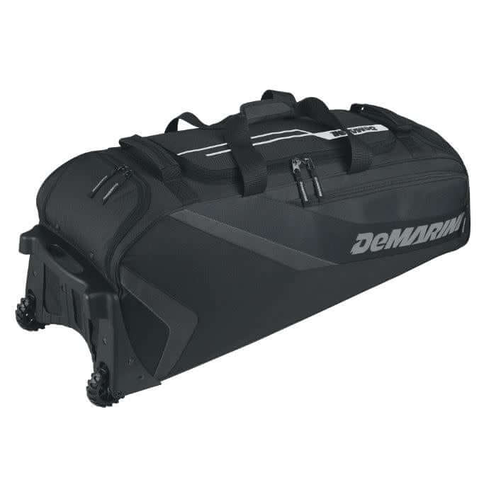 Wilson Demarini Grind Wheeled Bag in black with large main compartment and padded bat sleeves.