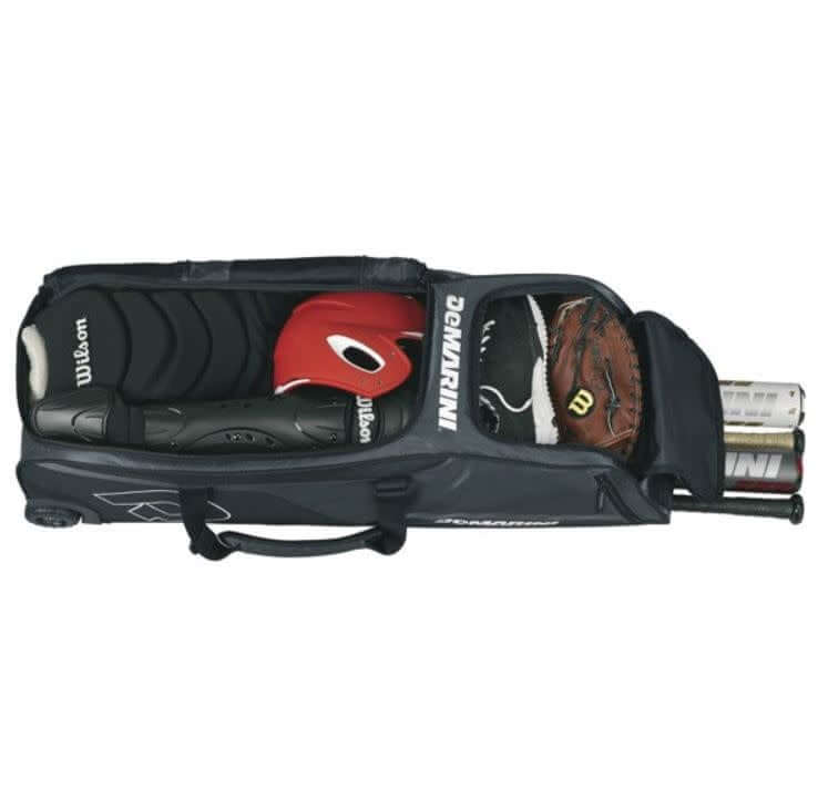 Wilson Demarini Momentum Wheeled Bag Charcoal with rugged wheels