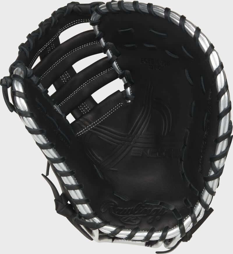alt=Rawlings Encore Gamer 12-Inch First Base Mitt LHT, premium leather, black with platinum accents