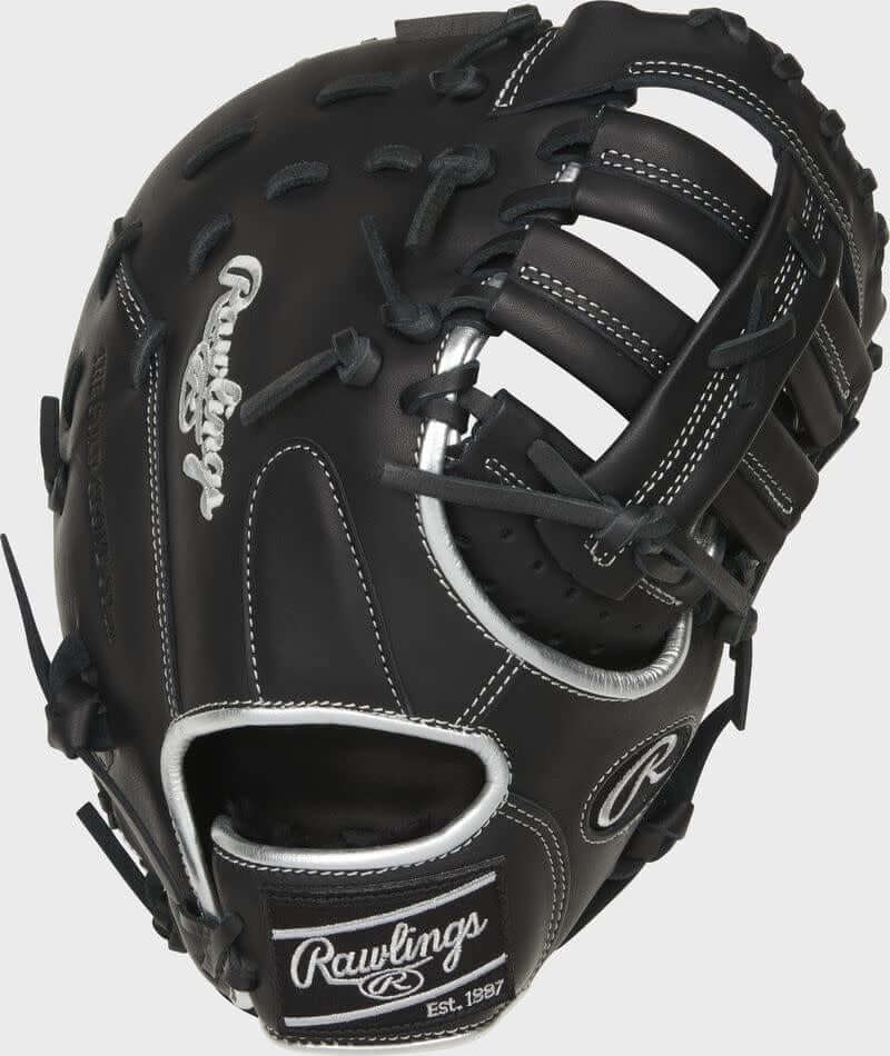 alt=Rawlings Encore Gamer 12-Inch First Base Mitt LHT, premium leather, black with platinum accents