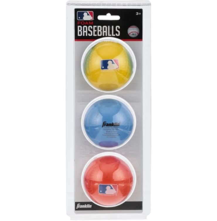 Pack of 3 Franklin foam baseballs in red, yellow, and blue for kids' catch and practice.