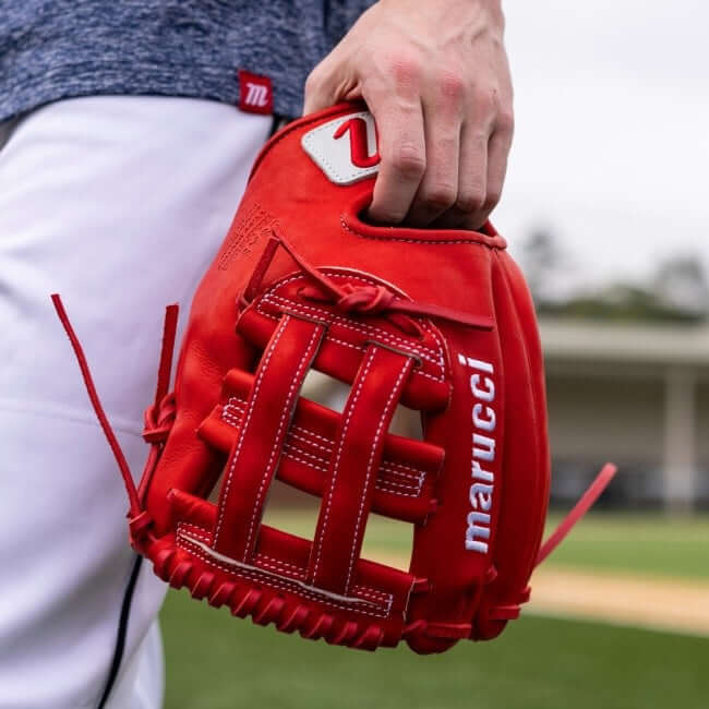 MARUCCI MTYPE CYPRESS SERIES 11.5 63A3 RED baseball glove with integrated thumb and pinky sleeves.