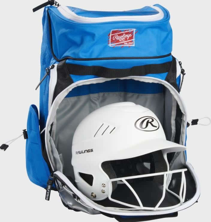 Rawlings Mantra Fastpitch Backpack in Mantra Blue with customizable beaver tail pocket