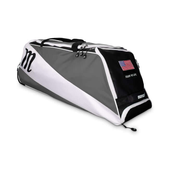 Marucci Wheeled Utility Bag with extra-large main compartment and Honor The Game and USA Flag removable patches.