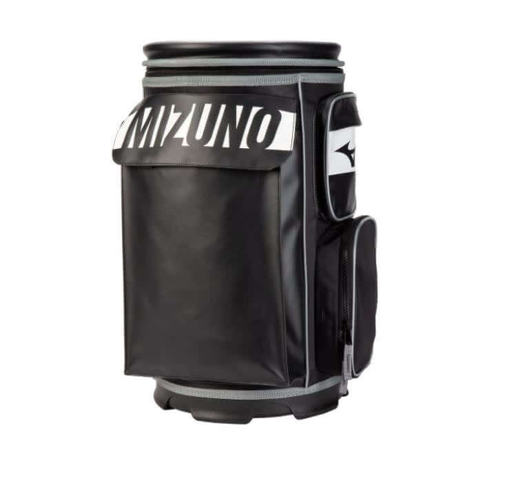 Mizuno Coachs Bucket X Gravity feed ball dispenser with adjustable padded shoulder straps and plush side hip pad.