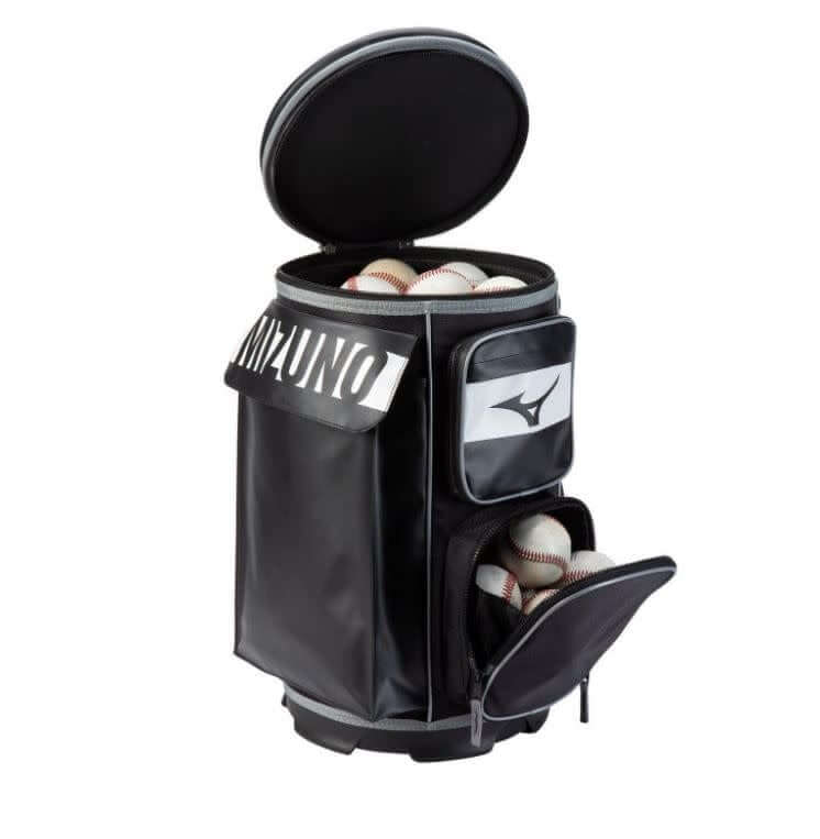 Mizuno Coachs Bucket X Gravity feed ball dispenser with adjustable padded shoulder straps and plush side hip pad.