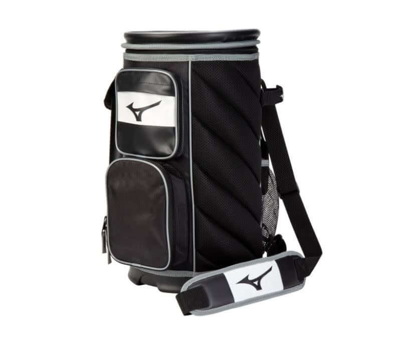 Mizuno Coachs Bucket X Gravity feed ball dispenser with adjustable padded shoulder straps and plush side hip pad.