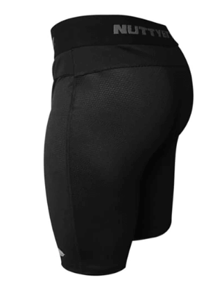 NuttyBuddy black compression shorts for youth with patented core support, full knee coverage, and superior lower body support.