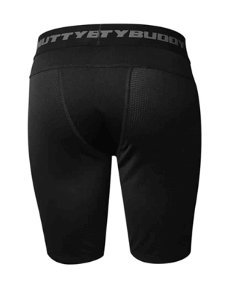 NuttyBuddy black compression shorts for youth with patented core support, full knee coverage, and superior lower body support.